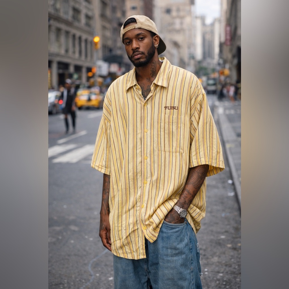 Vintage FUBU “The Collection” Yellow and brown Button Down striped Shirt- 2XL